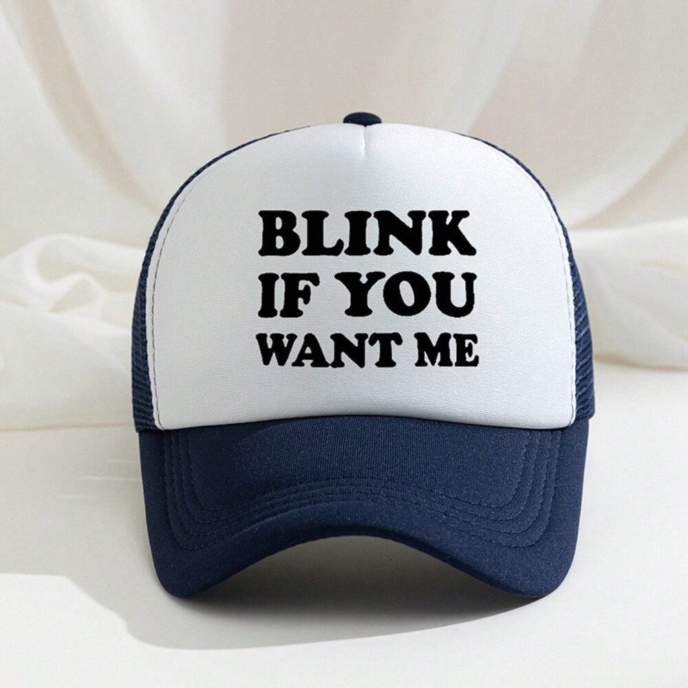 Blink If You Want Me Navy & White Mesh Adjustable Trucker Hat NWOT